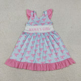 Mama's Girl Hot Pink Bow Pattern Sky Blue Girls Flutter Sleeve Dress