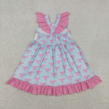 Mama's Girl Hot Pink Bow Pattern Sky Blue Girls Flutter Sleeve Dress