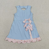 Floral Bows Scalloped Sky Blue Athletic Shorts Girls Sleeveless Dress