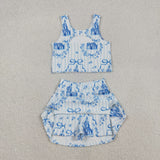 Castle Bow Pattern Blue Stripe Athletic Shorts Girls Skirt Sets