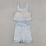 Castle Bow Pattern Blue Stripe Athletic Shorts Girls Skirt Sets