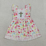 Cross Floral Lace Ruffles Smocked Girls Easter Dress