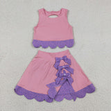 Floral Purple Bows Scalloped Pink Athletic Shorts Girls Skirt Sets
