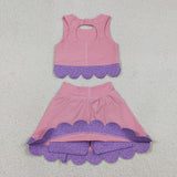 Floral Purple Bows Scalloped Pink Athletic Shorts Girls Skirt Sets