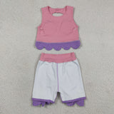 Floral Purple Bows Scalloped Pink Athletic Shorts Girls Skirt Sets