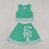 Plaid Bows Scalloped Green Athletic Shorts Girls Skirt Sets