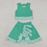 Plaid Bows Scalloped Green Athletic Shorts Girls Skirt Sets
