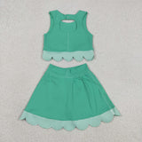 Plaid Bows Scalloped Green Athletic Shorts Girls Skirt Sets