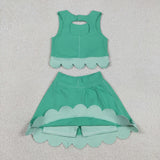 Plaid Bows Scalloped Green Athletic Shorts Girls Skirt Sets