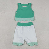Plaid Bows Scalloped Green Athletic Shorts Girls Skirt Sets