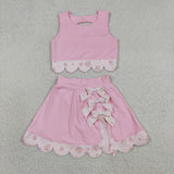 Floral Bows Scalloped Pink Athletic Shorts Girls Skirt Sets