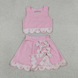 Floral Bows Scalloped Pink Athletic Shorts Girls Skirt Sets