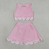 Floral Bows Scalloped Pink Athletic Shorts Girls Skirt Sets