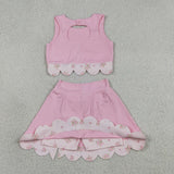 Floral Bows Scalloped Pink Athletic Shorts Girls Skirt Sets