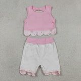 Floral Bows Scalloped Pink Athletic Shorts Girls Skirt Sets
