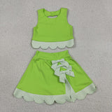 Floral Bows Scalloped Light Green Athletic Shorts Girls Skirt Sets