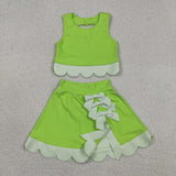 Floral Bows Scalloped Light Green Athletic Shorts Girls Skirt Sets