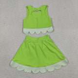 Floral Bows Scalloped Light Green Athletic Shorts Girls Skirt Sets