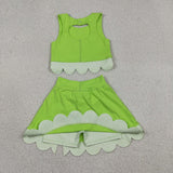 Floral Bows Scalloped Light Green Athletic Shorts Girls Skirt Sets