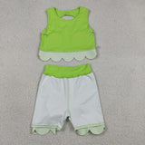 Floral Bows Scalloped Light Green Athletic Shorts Girls Skirt Sets
