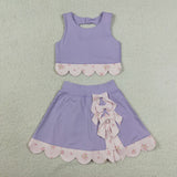 Floral Pink Bows Scalloped Purple Athletic Shorts Girls Skirt Sets