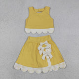 Plaid Bows Scalloped Yellow Athletic Shorts Girls Skirt Sets