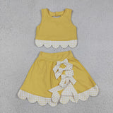 Plaid Bows Scalloped Yellow Athletic Shorts Girls Skirt Sets