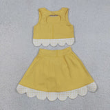 Plaid Bows Scalloped Yellow Athletic Shorts Girls Skirt Sets