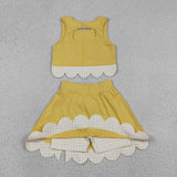 Plaid Bows Scalloped Yellow Athletic Shorts Girls Skirt Sets