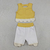 Plaid Bows Scalloped Yellow Athletic Shorts Girls Skirt Sets
