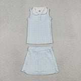 Blue Plaid Vest Athletic Shorts Girls Skirt Sets