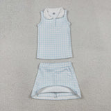 Blue Plaid Vest Athletic Shorts Girls Skirt Sets
