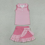 Pink White Stripe Vest Athletic Shorts Girls Skirt Sets