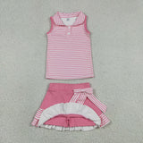 Pink White Stripe Vest Athletic Shorts Girls Skirt Sets