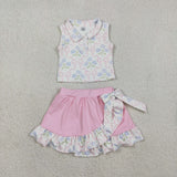 Floral Pink Bow Pattern Vest Athletic Shorts Girls Skirt Sets