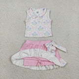 Floral Pink Bow Pattern Vest Athletic Shorts Girls Skirt Sets