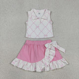 Pink Bow Pattern Vest Athletic Shorts Girls Skirt Sets