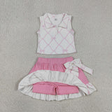 Pink Bow Pattern Vest Athletic Shorts Girls Skirt Sets