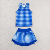 Blue Plaid Vest Athletic Shorts Girls Skirt Sets