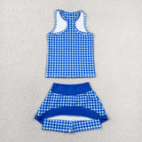 Blue Plaid Vest Athletic Shorts Girls Skirt Sets