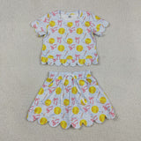 Softball Bow Pattern Sky Blue Scalloped Athletic Shorts Girls Skirt Sets