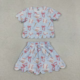 Baseball Bow Pattern Sky Blue Scalloped Athletic Shorts Girls Skirt Sets