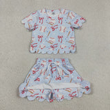 Baseball Bow Pattern Sky Blue Scalloped Athletic Shorts Girls Skirt Sets