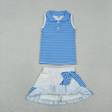 Blue White Stripe Vest Athletic Shorts Girls Skirt Sets
