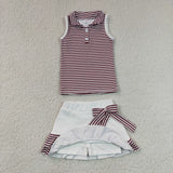 Dark Red White Stripe Vest Athletic Shorts Girls Skirt Sets