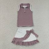 Dark Red White Stripe Vest Athletic Shorts Girls Skirt Sets