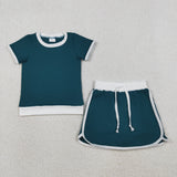 Kids Solid Dark Green White Mommy & Me Shorts Girls Skirts Sets