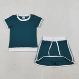 Kids Solid Dark Green White Mommy & Me Shorts Girls Skirts Sets