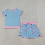 Kids Solid Pink Sky Blue Mommy & Me Shorts Girls Skirts Sets