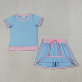 Kids Solid Pink Sky Blue Mommy & Me Shorts Girls Skirts Sets